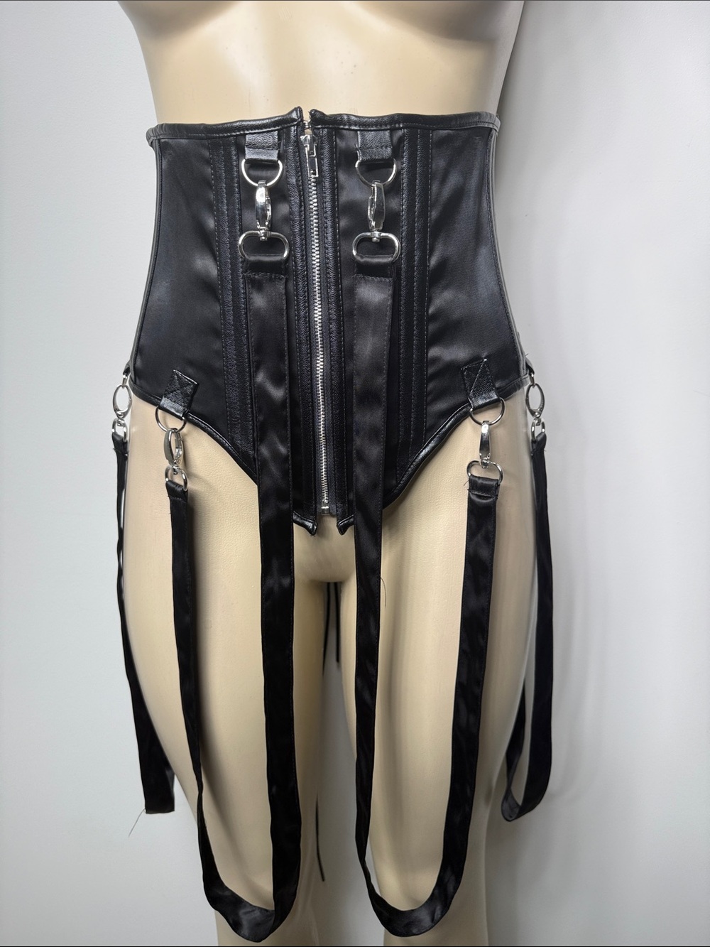 AKIRA Black Faux Leather Garter Waist Cincher with Silver Rings